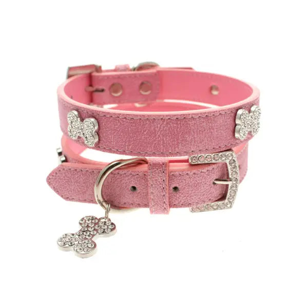 Pink Plain Leather Diamante Bones Dog Collar And Charm - Urban Pup - 1