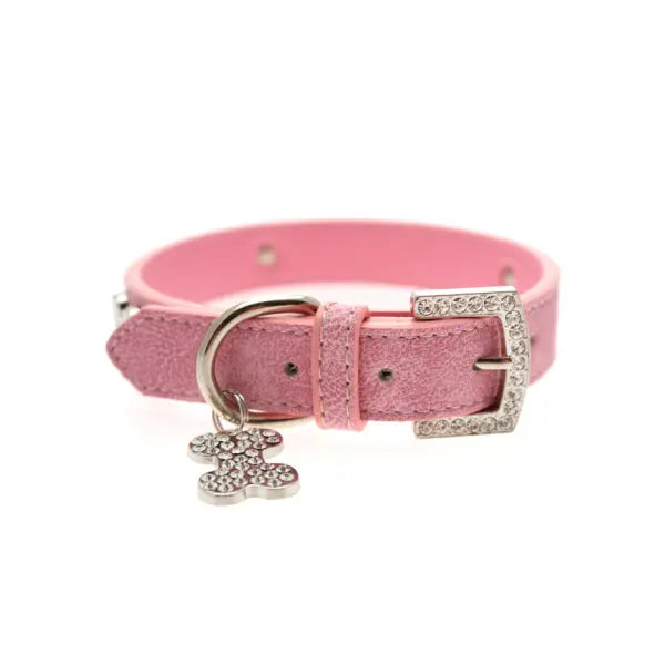 Pink Plain Leather Diamante Bones Dog Collar And Charm - Urban Pup - 5