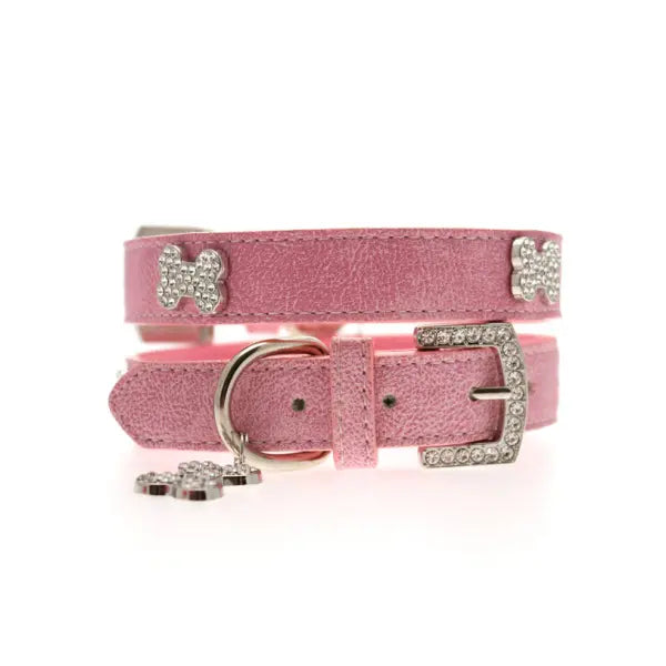 Pink Plain Leather Diamante Bones Dog Collar And Charm - Urban Pup - 4